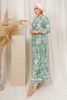 Tesettür giyim YEŞİL ETNİK DESENLİ KUŞAKLI ELBİSE T 2803