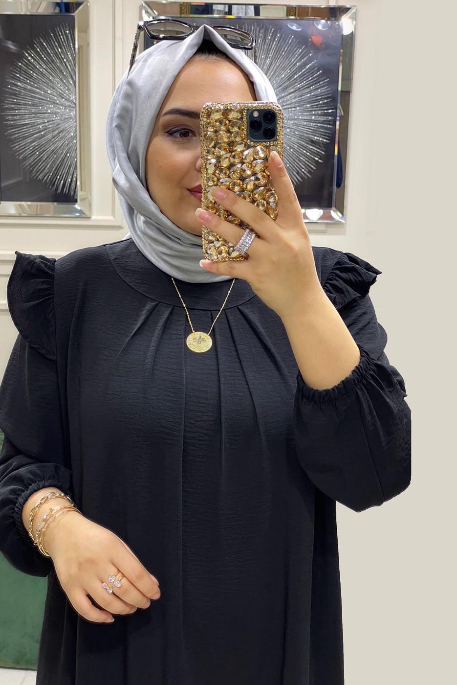 Tesettür giyim SİYAH FIRFIR DETAYLI MANŞETLERİ LASTİKLİ ELBİSE T 30028