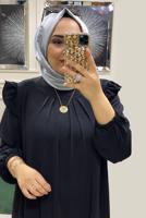 Tesettür giyim SİYAH FIRFIR DETAYLI MANŞETLERİ LASTİKLİ ELBİSE T 30028