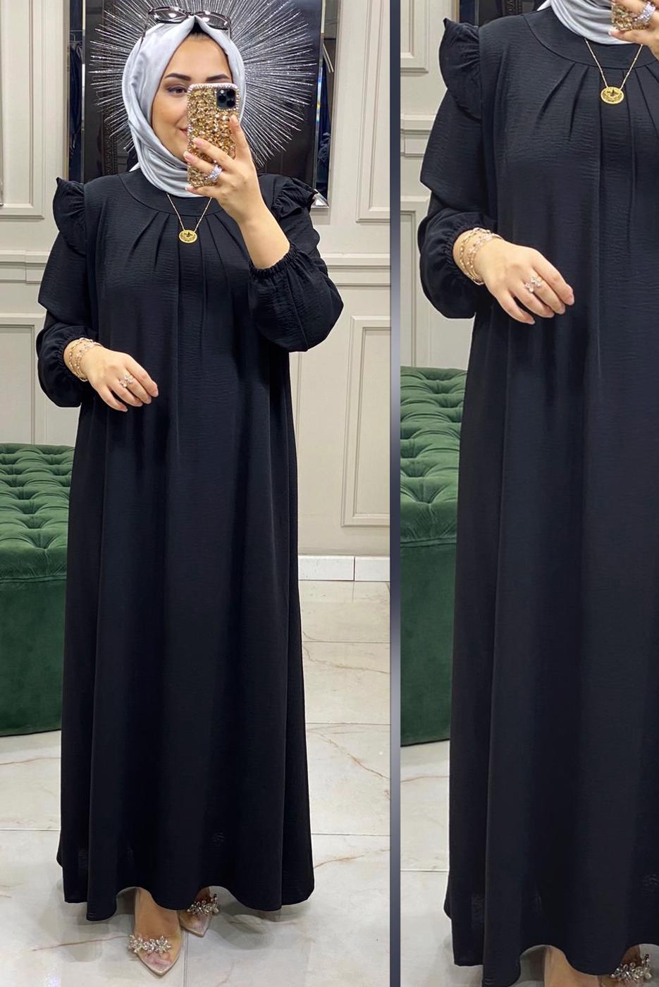 Tesettür giyim SİYAH FIRFIR DETAYLI MANŞETLERİ LASTİKLİ ELBİSE T 30028