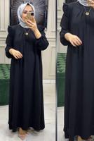 Tesettür giyim SİYAH FIRFIR DETAYLI MANŞETLERİ LASTİKLİ ELBİSE T 30028