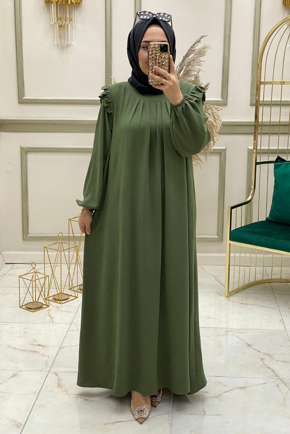 Tesettür giyim HAKİ FIRFIR DETAYLI MANŞETLERİ LASTİKLİ ELBİSE T 30028