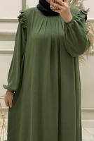 Tesettür giyim HAKİ FIRFIR DETAYLI MANŞETLERİ LASTİKLİ ELBİSE T 30028