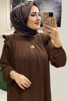 Tesettür giyim KAHVE FIRFIR DETAYLI MANŞETLERİ LASTİKLİ ELBİSE T 30028