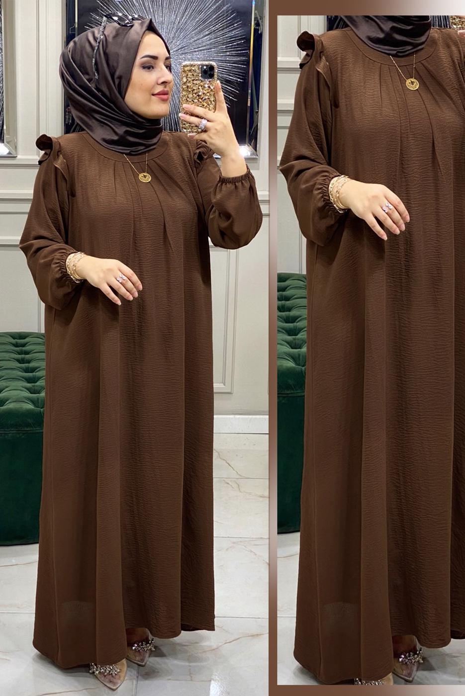 Tesettür giyim KAHVE FIRFIR DETAYLI MANŞETLERİ LASTİKLİ ELBİSE T 30028