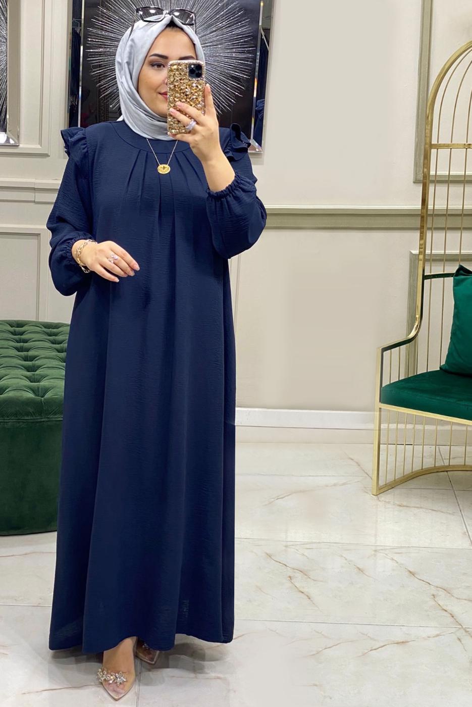 Tesettür giyim LACİVERT FIRFIR DETAYLI MANŞETLERİ LASTİKLİ ELBİSE T 30028