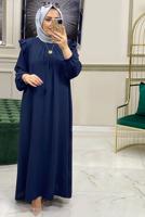 Tesettür giyim LACİVERT FIRFIR DETAYLI MANŞETLERİ LASTİKLİ ELBİSE T 30028