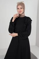 Tesettür giyim SİYAH VOLAN DETAYLI BELİ BÜZGÜLÜ ELBİSE T 30046