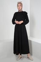 Tesettür giyim SİYAH VOLAN DETAYLI BELİ BÜZGÜLÜ ELBİSE T 30046