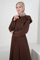 Tesettür giyim KAHVE VOLAN DETAYLI BELİ BÜZGÜLÜ ELBİSE T 30046