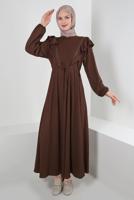 Tesettür giyim KAHVE VOLAN DETAYLI BELİ BÜZGÜLÜ ELBİSE T 30046