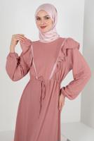 Tesettür giyim PUDRA VOLAN DETAYLI BELİ BÜZGÜLÜ ELBİSE T 30046
