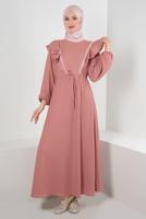 Tesettür giyim PUDRA VOLAN DETAYLI BELİ BÜZGÜLÜ ELBİSE T 30046