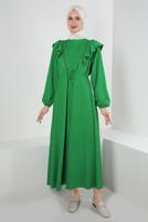 Tesettür giyim YEŞİL VOLAN DETAYLI BELİ BÜZGÜLÜ ELBİSE T 30046