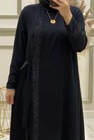 Tesettür giyim SİYAH TAŞ İŞLEMELİ BAĞLAMA DETAYLI ELBİSE T 30223 