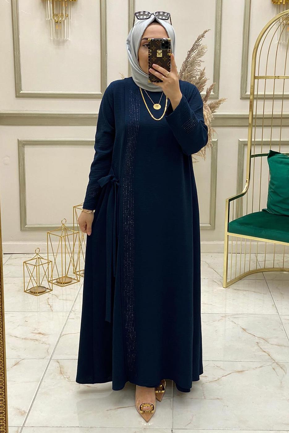 Tesettür giyim LACİVERT TAŞ İŞLEMELİ BAĞLAMA DETAYLI ELBİSE T 30223 