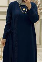 Tesettür giyim LACİVERT TAŞ İŞLEMELİ BAĞLAMA DETAYLI ELBİSE T 30223 