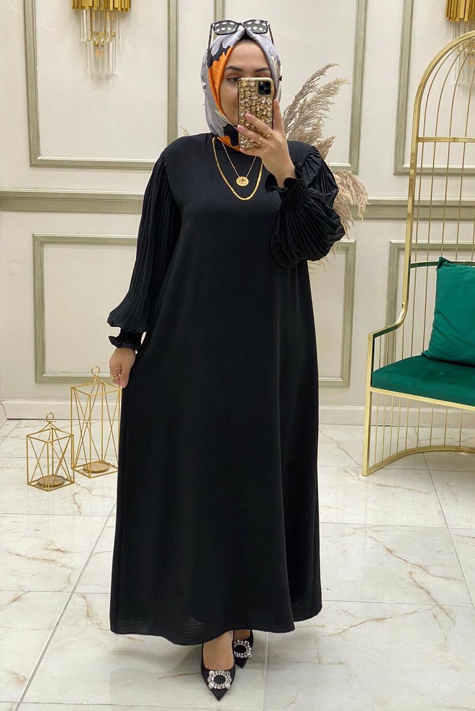 Tesettür giyim SİYAH KOLU PİLİSELİ KUŞAKLI ELBİSE T 30328