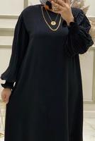 Tesettür giyim SİYAH KOLU PİLİSELİ KUŞAKLI ELBİSE T 30328