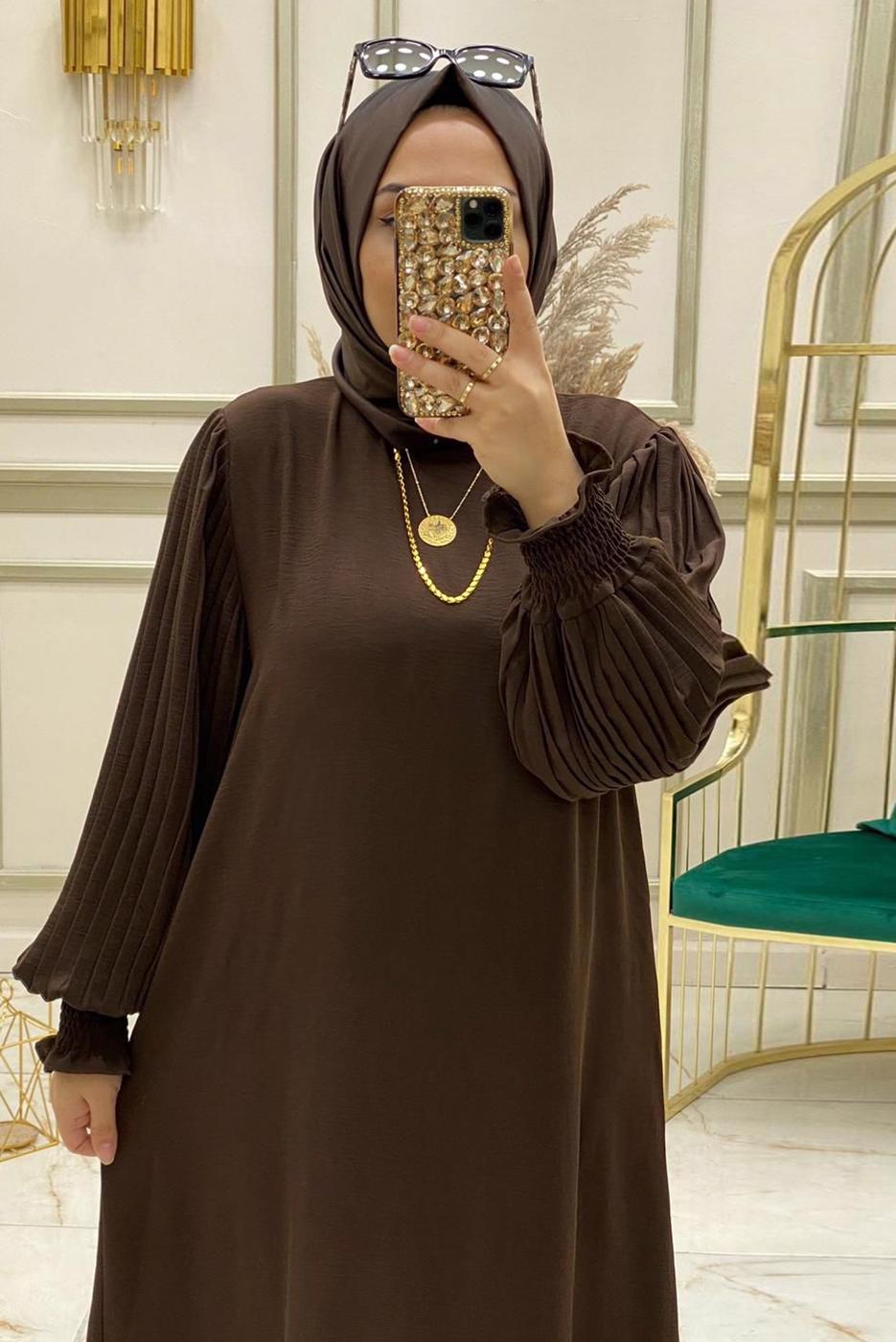 Tesettür giyim KAHVE KOLU PİLİSELİ KUŞAKLI ELBİSE T 30328