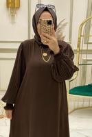 Tesettür giyim KAHVE KOLU PİLİSELİ KUŞAKLI ELBİSE T 30328