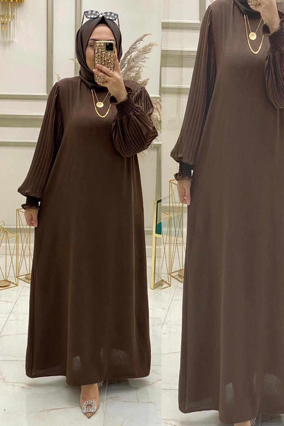 Tesettür giyim KAHVE KOLU PİLİSELİ KUŞAKLI ELBİSE T 30328