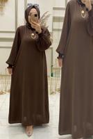 Tesettür giyim KAHVE KOLU PİLİSELİ KUŞAKLI ELBİSE T 30328