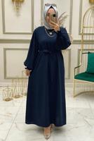 Tesettür giyim LACİVERT KOLU PİLİSELİ KUŞAKLI ELBİSE T 30328