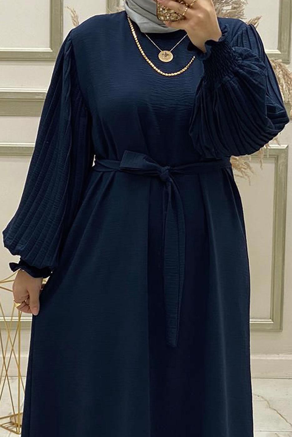 Tesettür giyim LACİVERT KOLU PİLİSELİ KUŞAKLI ELBİSE T 30328