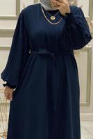 Tesettür giyim LACİVERT KOLU PİLİSELİ KUŞAKLI ELBİSE T 30328