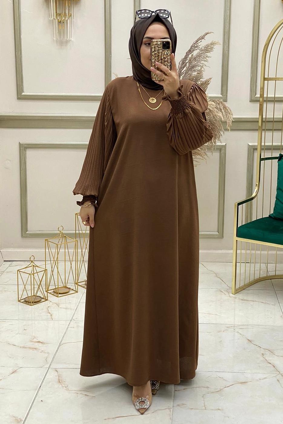 Tesettür giyim TABA KOLU PİLİSELİ KUŞAKLI ELBİSE T 30328