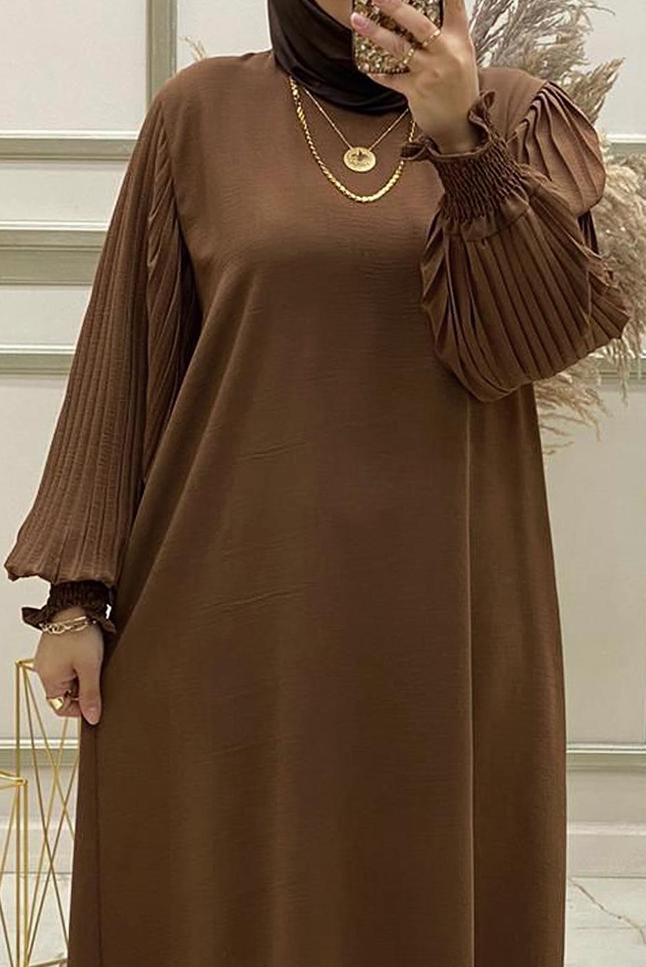 Tesettür giyim TABA KOLU PİLİSELİ KUŞAKLI ELBİSE T 30328