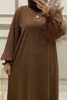 Tesettür giyim TABA KOLU PİLİSELİ KUŞAKLI ELBİSE T 30328