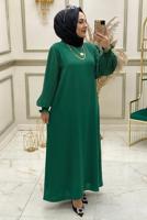 Tesettür giyim YEŞİL KOLU PİLİSELİ KUŞAKLI ELBİSE T 30328