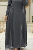 Tesettür giyim GRİ ÖNÜ YIRTMAÇ DETAYLI TAŞLI ELBİSE T 30428