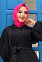 Tesettür giyim SİYAH KUŞAKLI DÜĞME DETAYLI ELBİSE T 3273