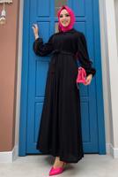 Tesettür giyim SİYAH KUŞAKLI DÜĞME DETAYLI ELBİSE T 3273