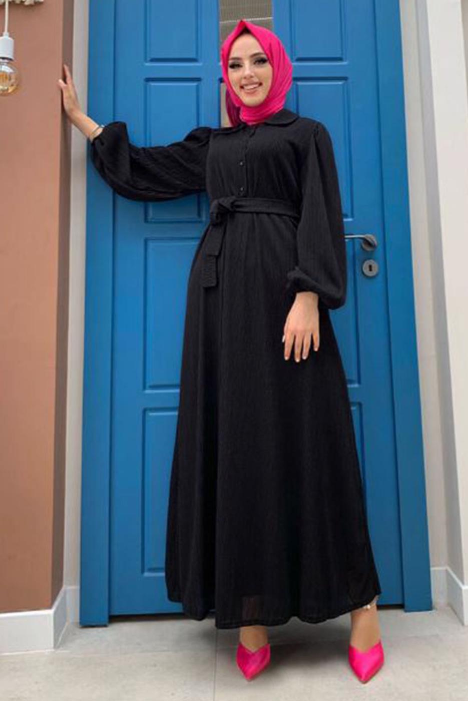 Tesettür giyim SİYAH KUŞAKLI DÜĞME DETAYLI ELBİSE T 3273