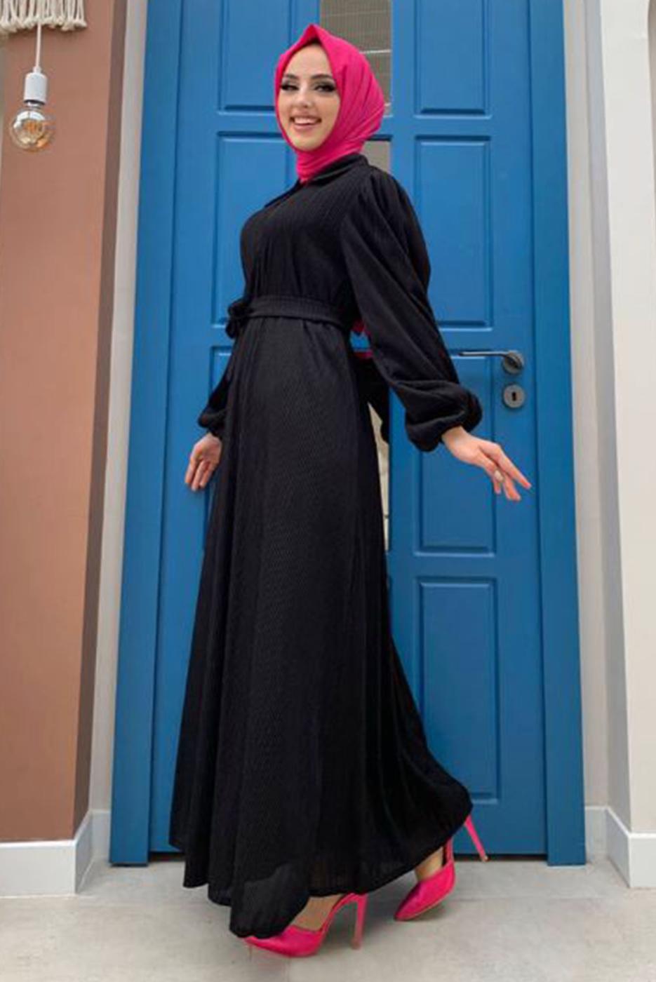 Tesettür giyim SİYAH KUŞAKLI DÜĞME DETAYLI ELBİSE T 3273