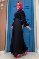 Tesettür giyim SİYAH KUŞAKLI DÜĞME DETAYLI ELBİSE T 3273