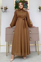 Tesettür giyim KAHVE KUŞAKLI DÜĞME DETAYLI ELBİSE T 3273