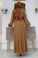 Tesettür giyim KAHVE KUŞAKLI DÜĞME DETAYLI ELBİSE T 3273