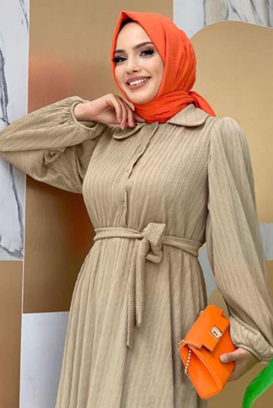 Tesettür giyim VİZON KUŞAKLI DÜĞME DETAYLI ELBİSE T 3273