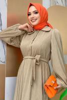 Tesettür giyim VİZON KUŞAKLI DÜĞME DETAYLI ELBİSE T 3273