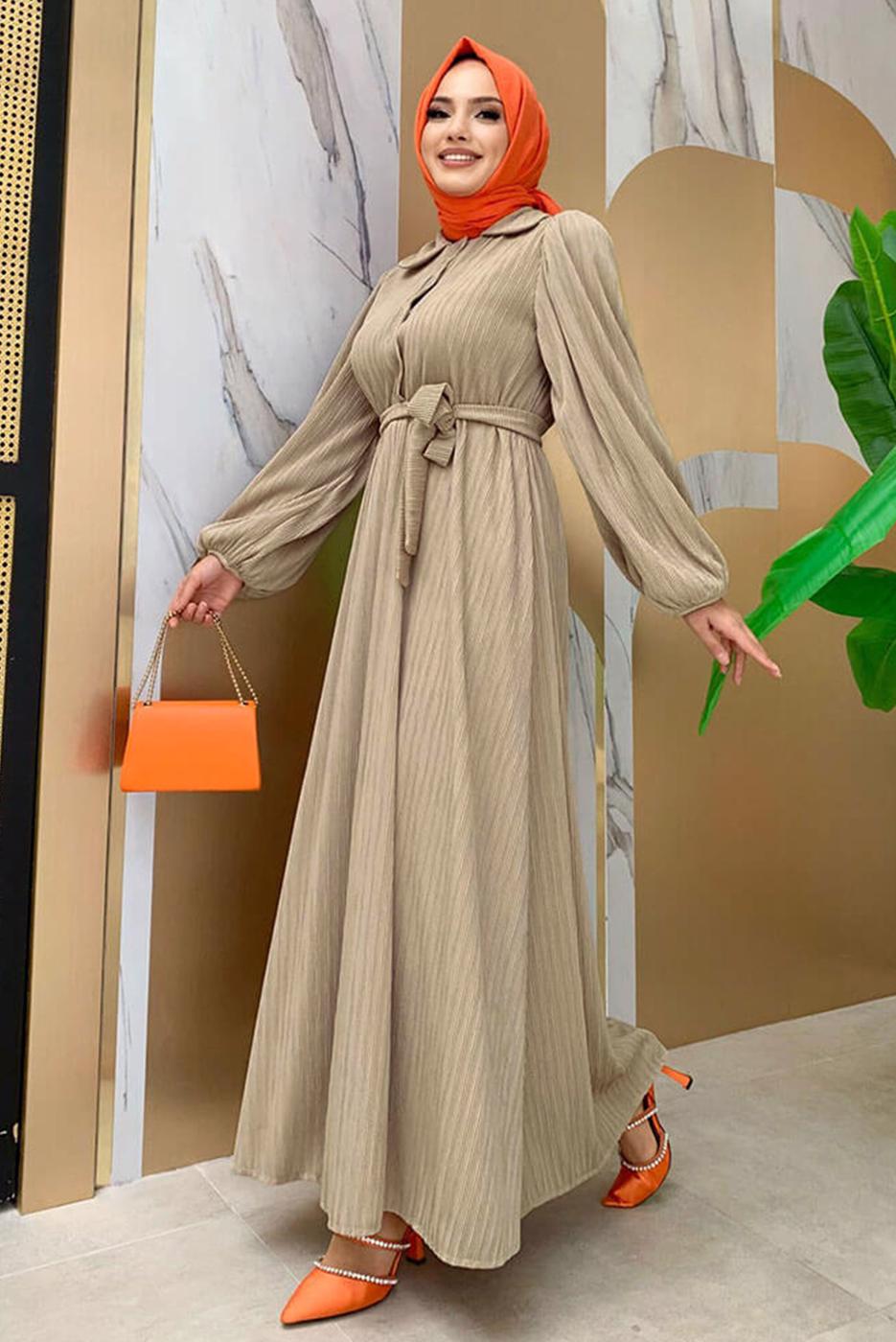 Tesettür giyim VİZON KUŞAKLI DÜĞME DETAYLI ELBİSE T 3273