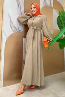 Tesettür giyim VİZON KUŞAKLI DÜĞME DETAYLI ELBİSE T 3273