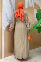 Tesettür giyim VİZON KUŞAKLI DÜĞME DETAYLI ELBİSE T 3273