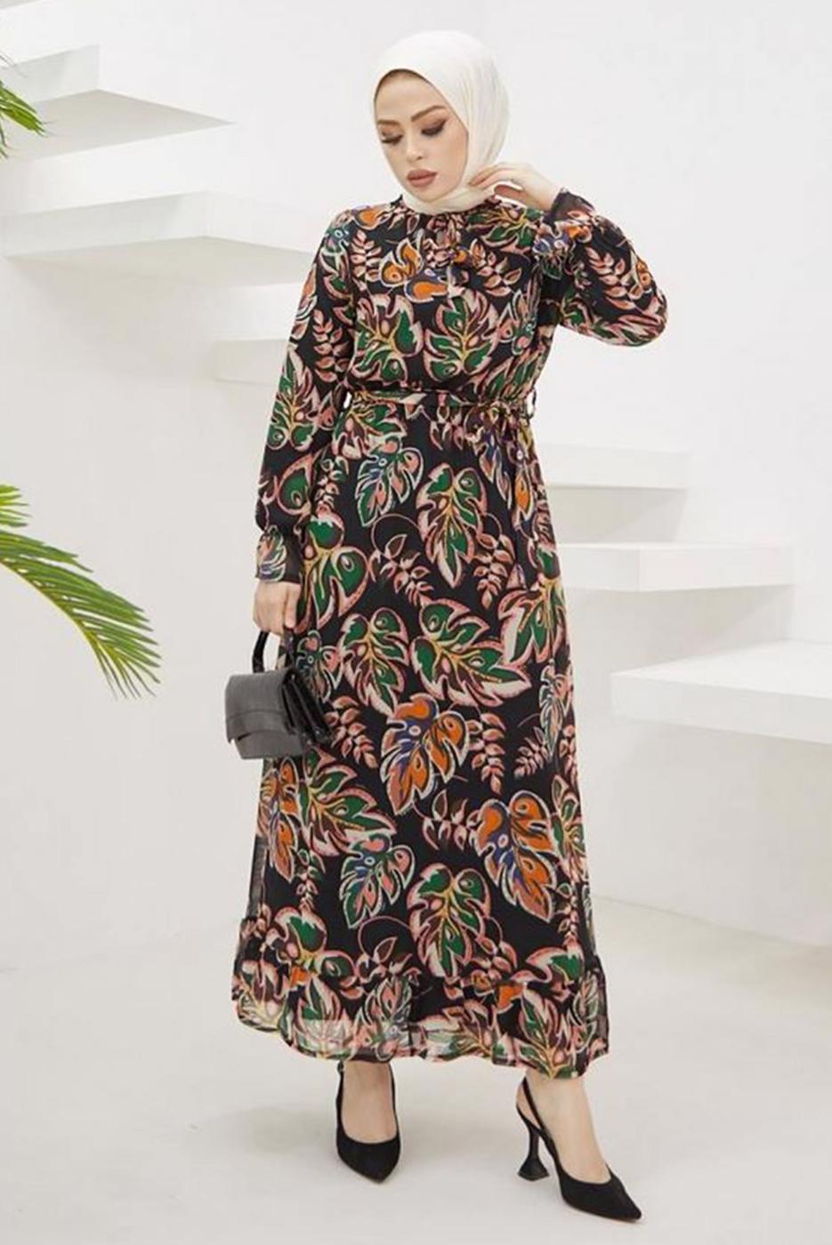 Tesettür giyim SİYAH YAPRAK DESENLİ YAKASI BAĞLAMALI ELBİSE T 3332