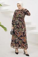 Tesettür giyim SİYAH YAPRAK DESENLİ YAKASI BAĞLAMALI ELBİSE T 3332