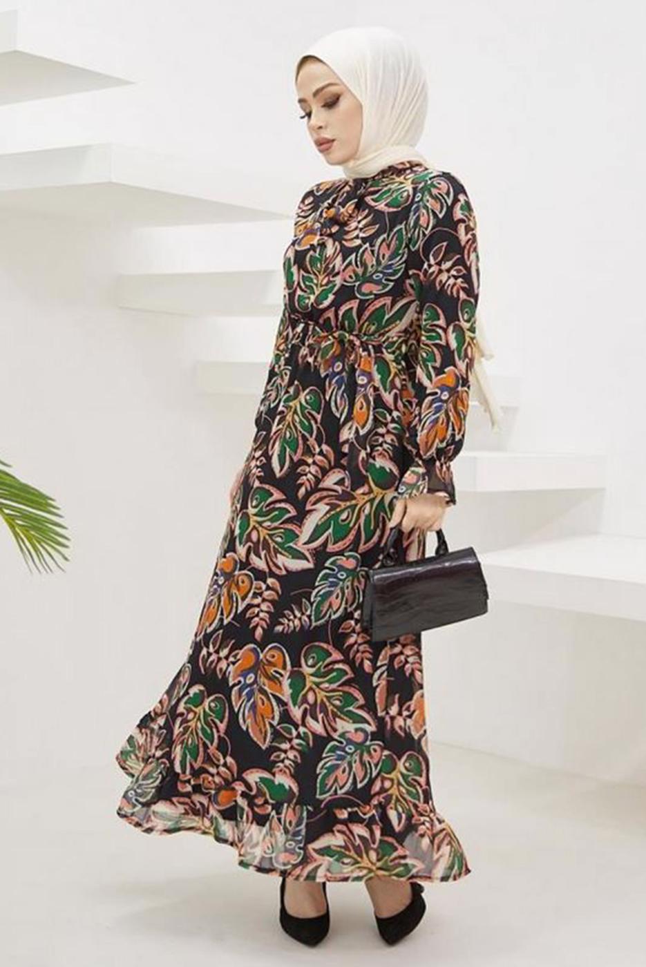 Tesettür giyim SİYAH YAPRAK DESENLİ YAKASI BAĞLAMALI ELBİSE T 3332
